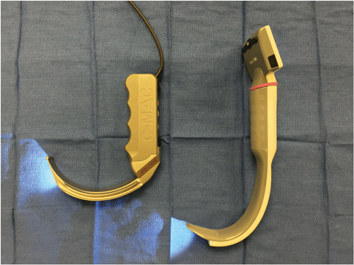 Image 2. Two examples of hyperangulated video laryngoscope devices. Note the difference in curvature of the blades when compared to the devices in image 1. Both curvatures can be used in video laryngoscopy, but the techniques are not the same.